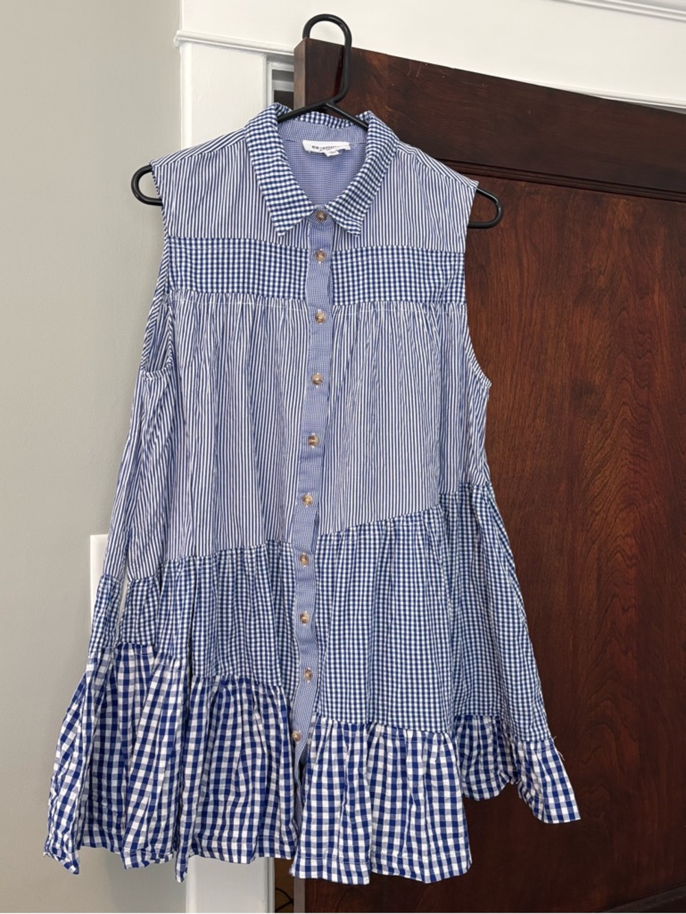 Ee:some Blue Check Gingham Cotton Blend Large Sleeveless Button Dress Tiered